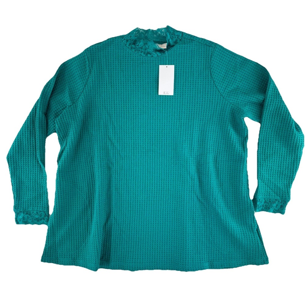 LOGO by Lori Goldstein Metallic Waffle Knit Mock Neck Top Sweater‎ 1x Green